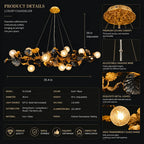 Product details infographic for a luxury chandelier, showing a gold and black metal leaf-style chandelier with multiple warm white globe bulbs. The image includes dimensions (39.