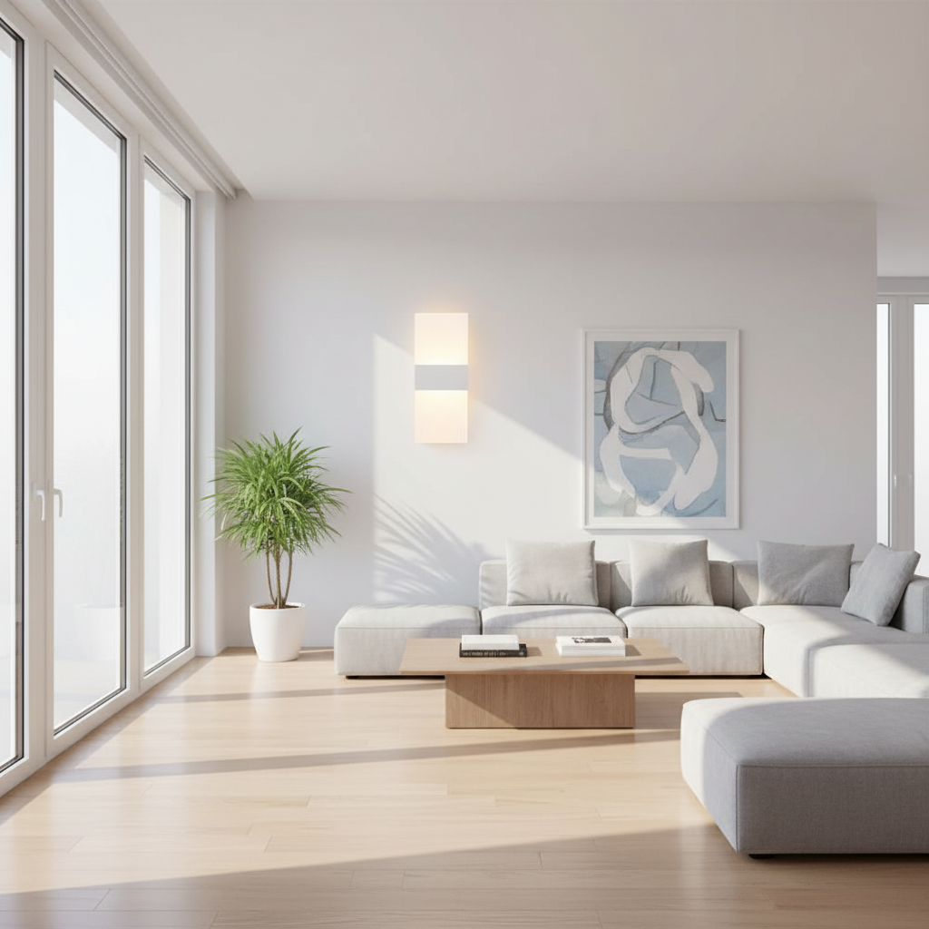 Modern living room with a sectional sofa, coffee table, and plant.