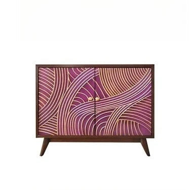 Cabinet with a pink and orange patterned door on a white background