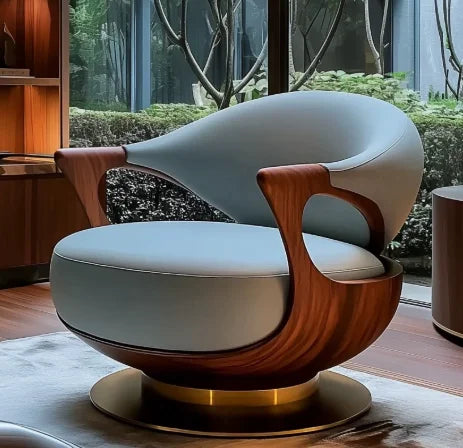 Modern chair with wooden armrests and base in a room with a window view of greenery.