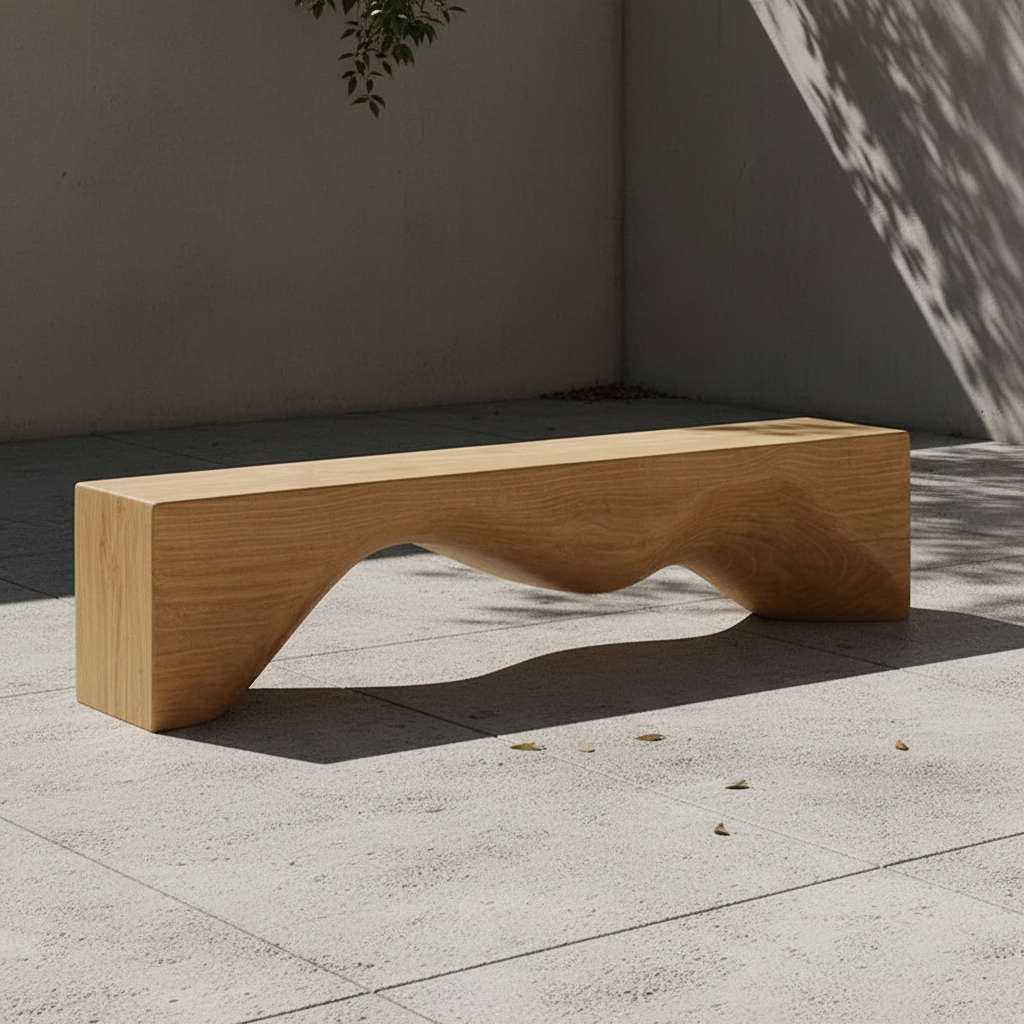 Wooden bench with a modern design on a concrete surface.