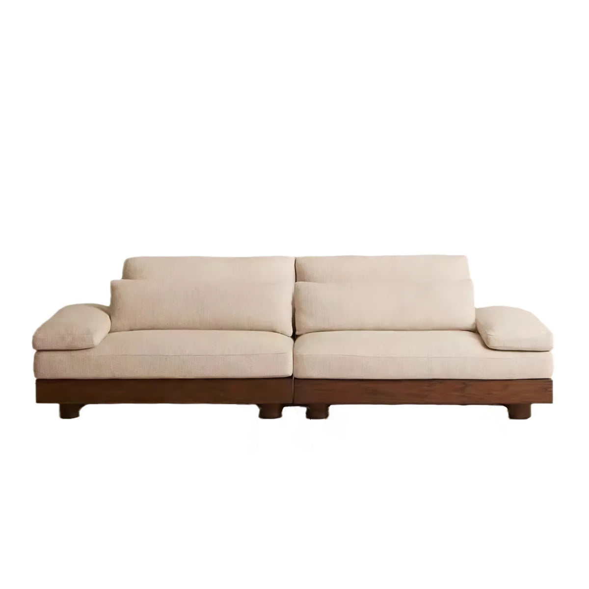 A modern two-seater sofa with cream-colored fabric cushions and a dark brown wooden base, shown from a front-facing perspective against a plain white background.