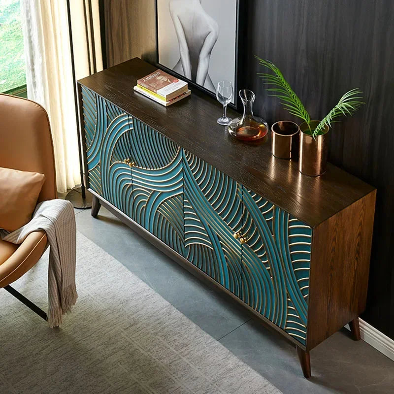Wooden sideboard with decorative wave pattern in a living room setting
