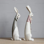 Country Rabbit Couple Ornaments – Hand-Painted Resin Figures