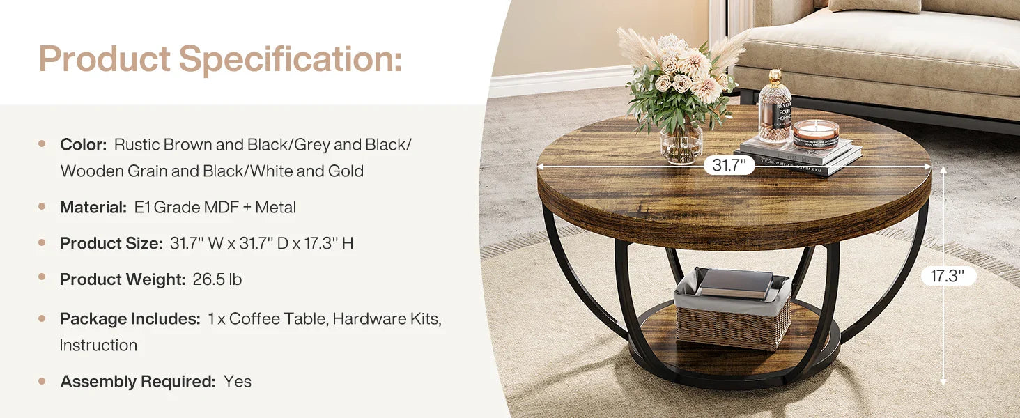 Wooden coffee table with product specifications displayed