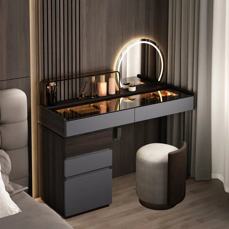 Nordic Glass Top Makeup Vanity Table – Minimalist Dressing Table with Storage Drawers
