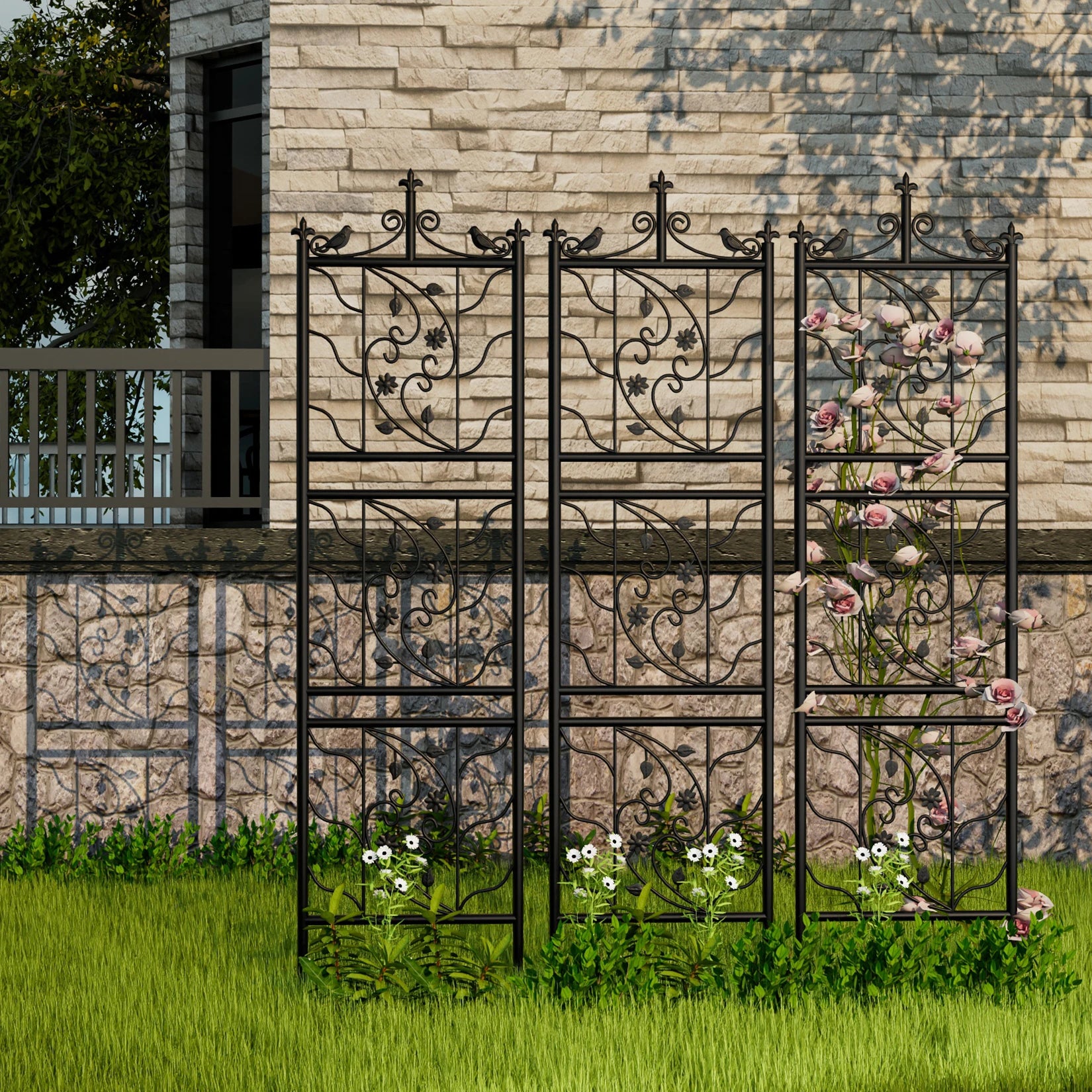 Decorative metal trellis with floral design against a stone wall