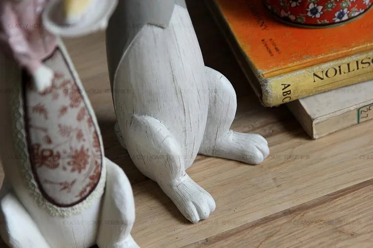 Country Rabbit Couple Ornaments – Hand-Painted Resin Figures