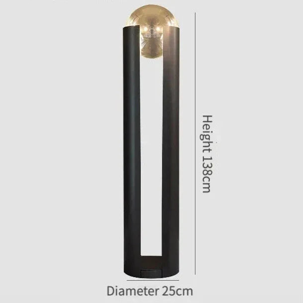 Black cylindrical outdoor light fixture with measurement details on a gray background
