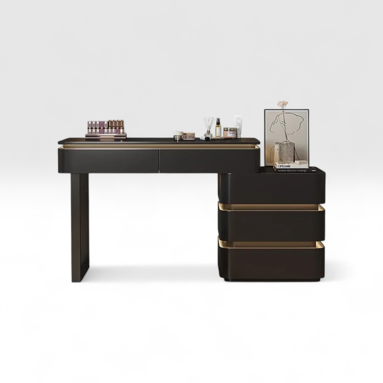 Black desk with gold accents on a white background