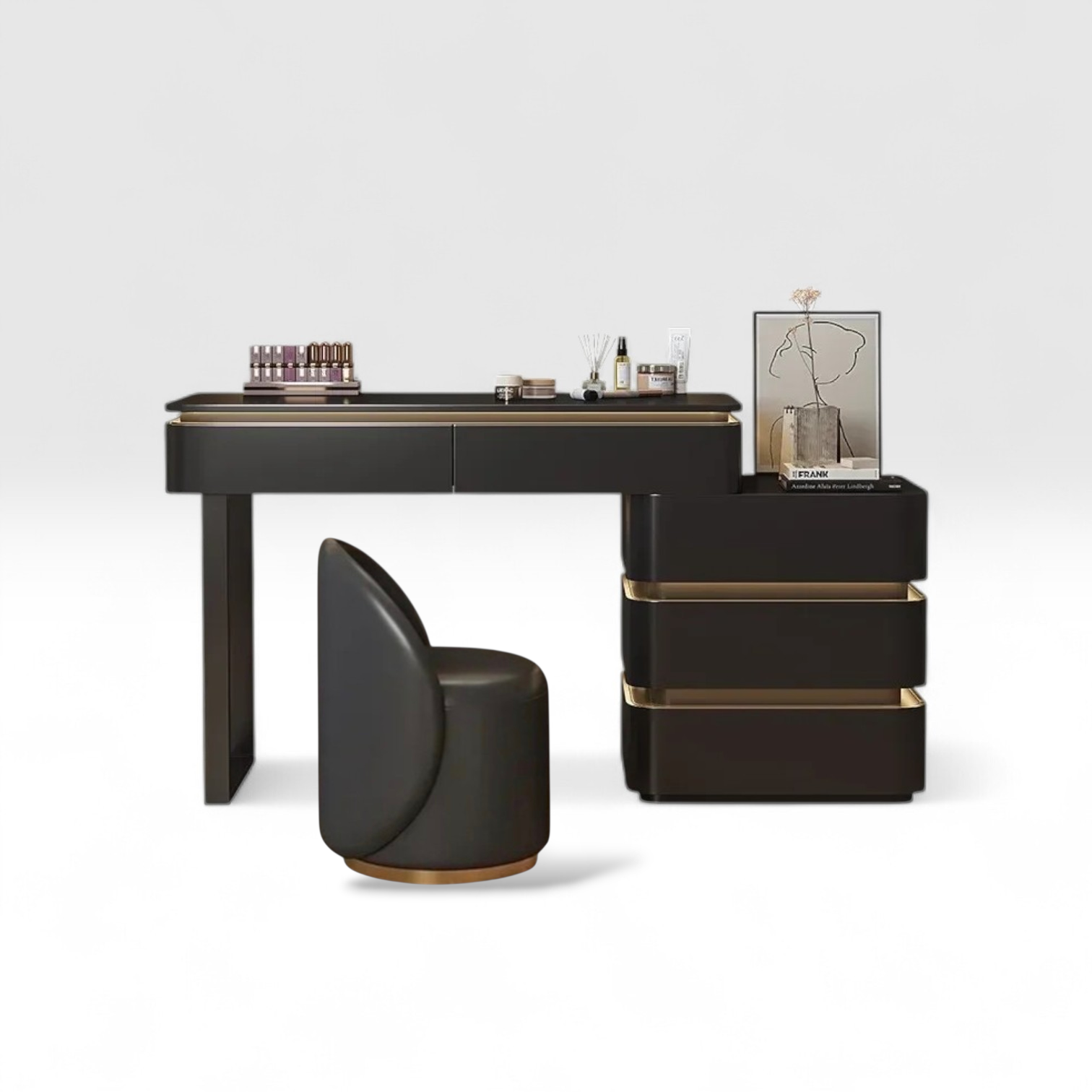 Black and gold desk with chair and decorative items on a white background