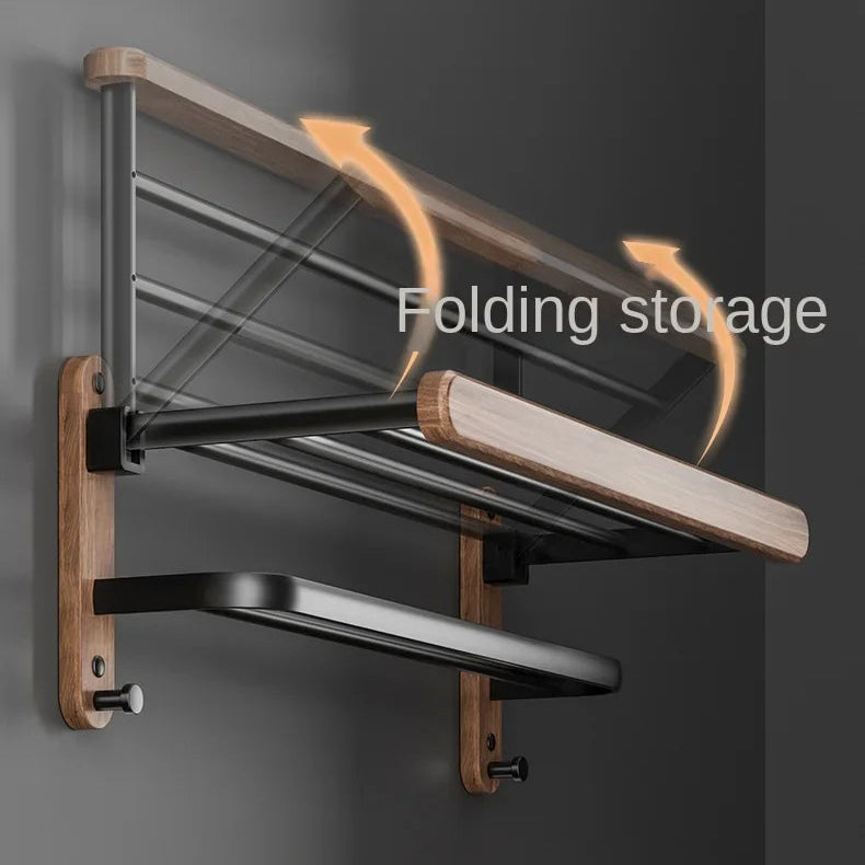 Wall-mounted folding storage rack with L-shaped design on a dark background