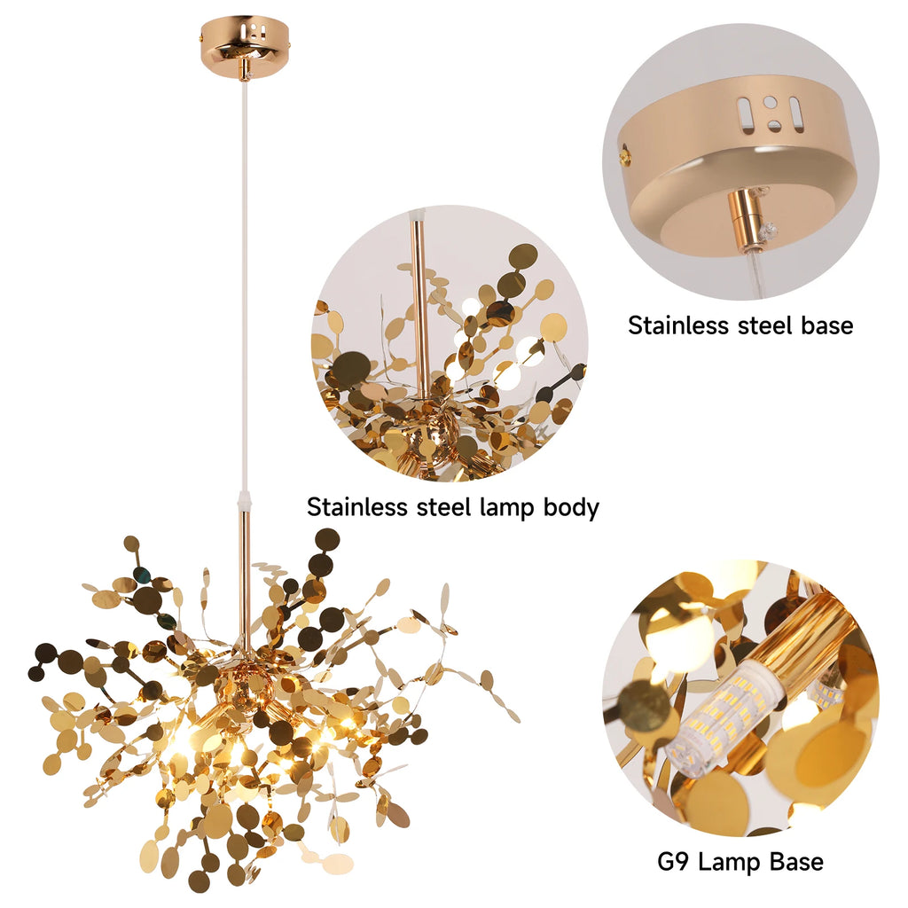 Gold pendant light with close-up details on a white background