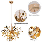 Gold pendant light with close-up details on a white background