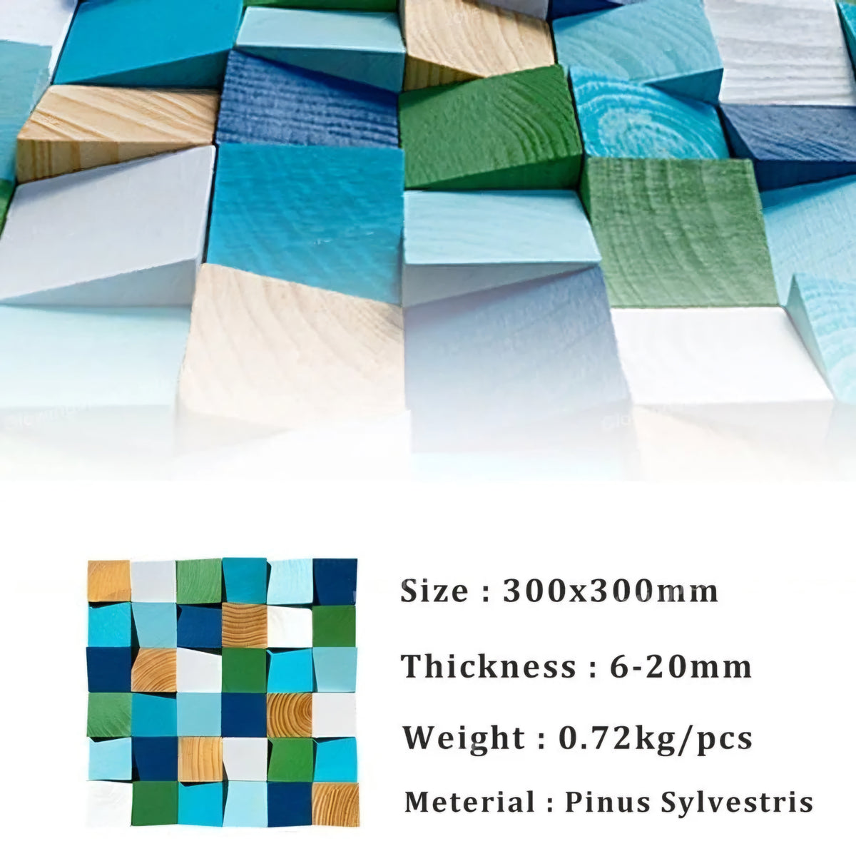 Wooden mosaic tiles in various colors with product details on a white background
