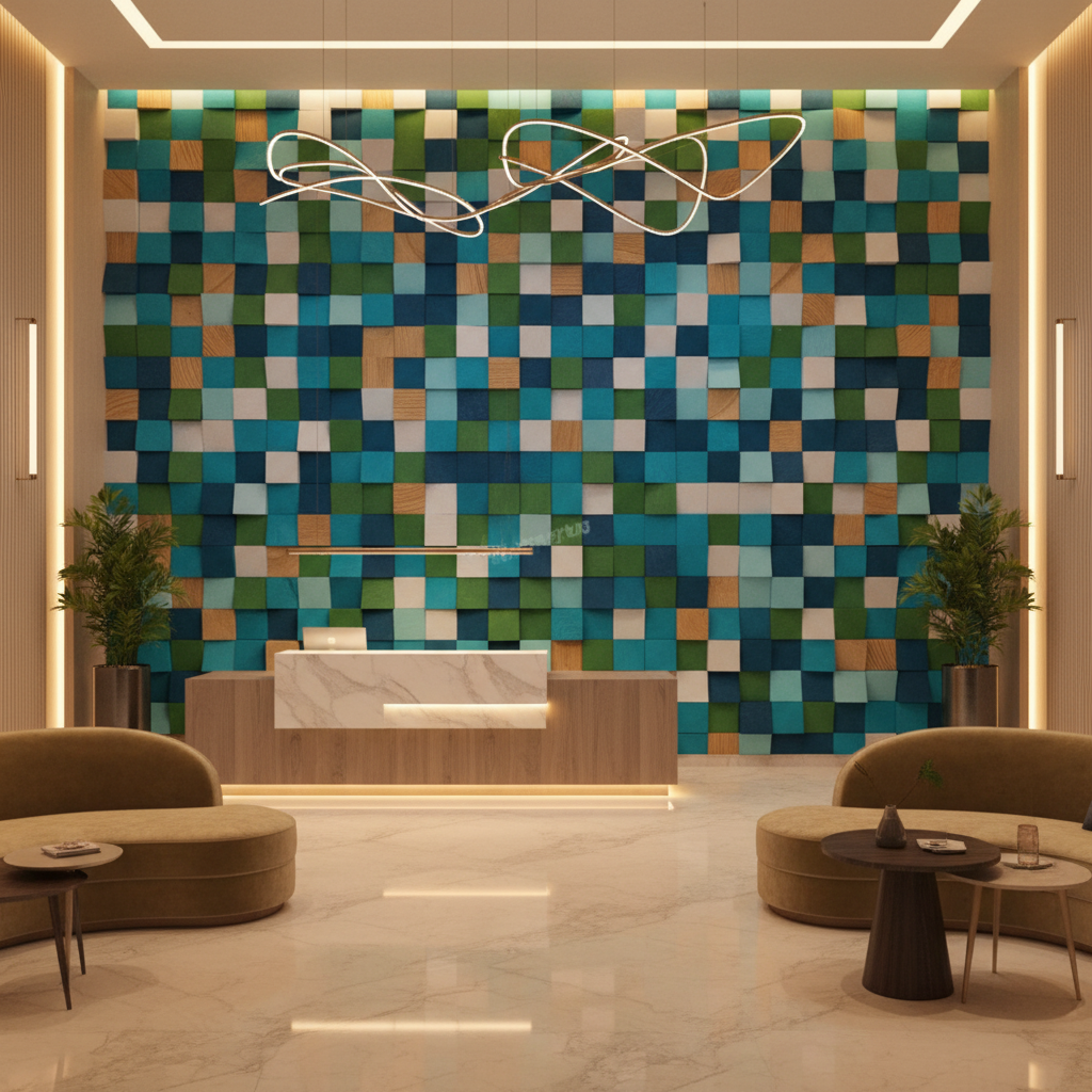 Modern interior with a colorful geometric wall design and comfortable seating.