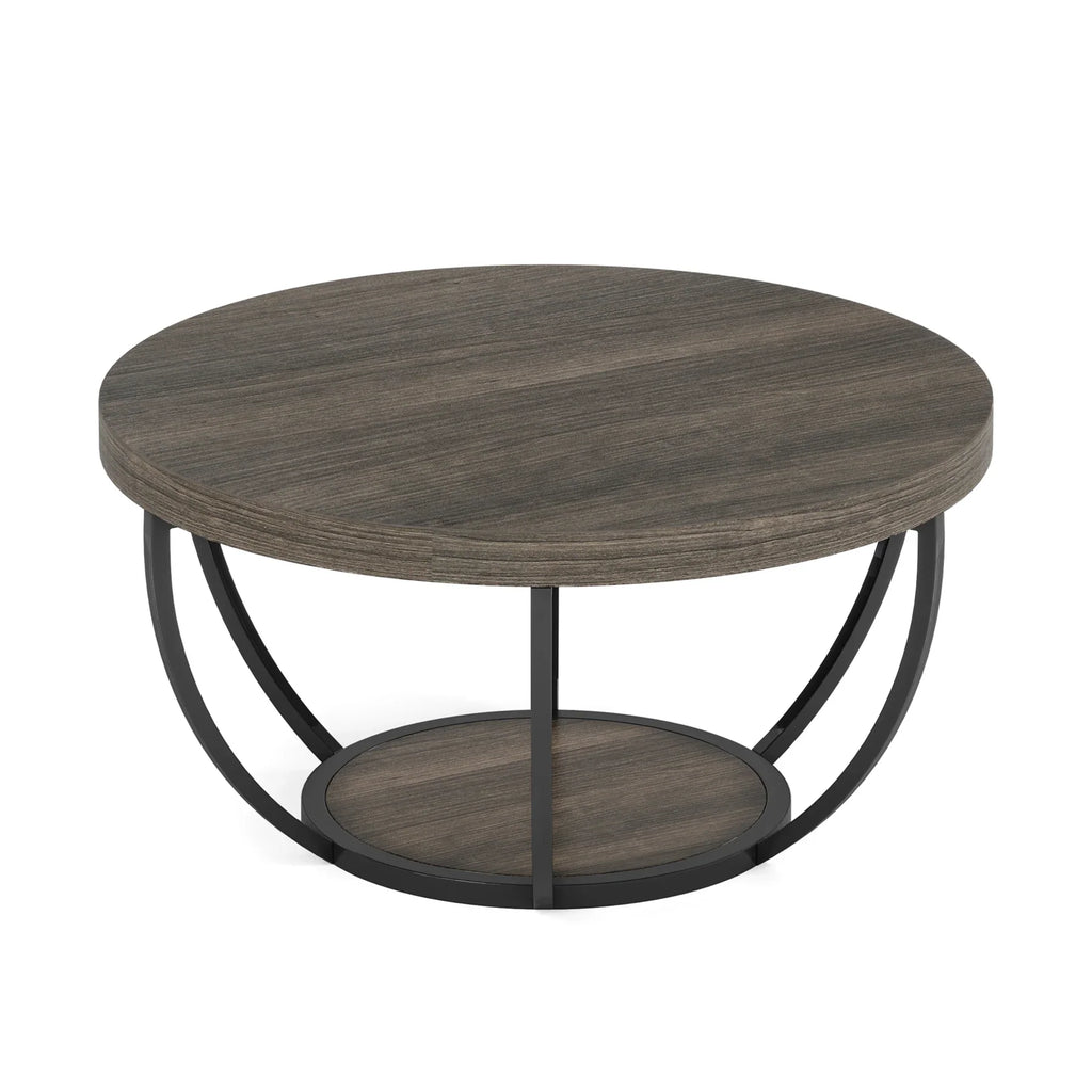 Round wooden coffee table with metal base on a white background
