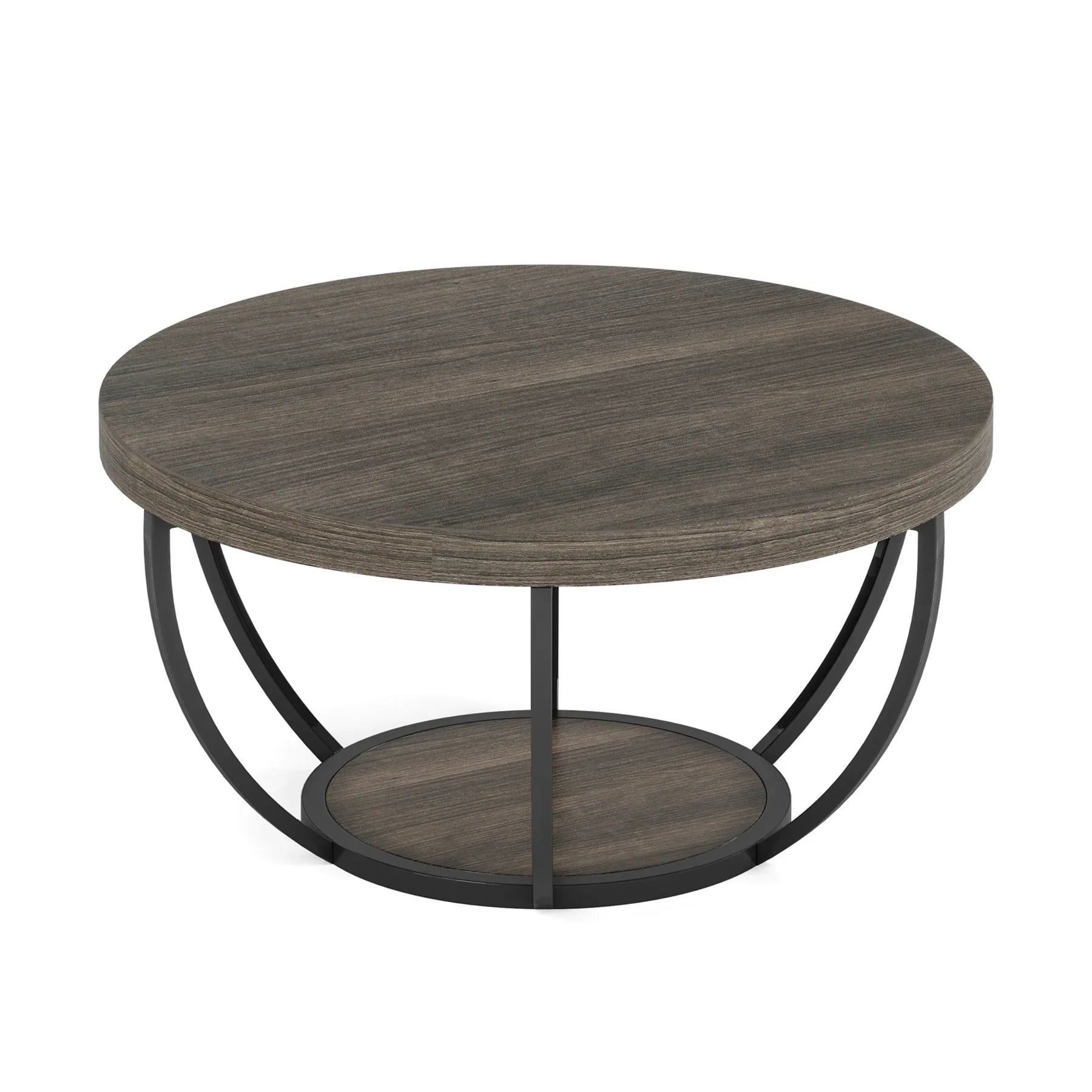 Round wooden coffee table with metal base on a white background