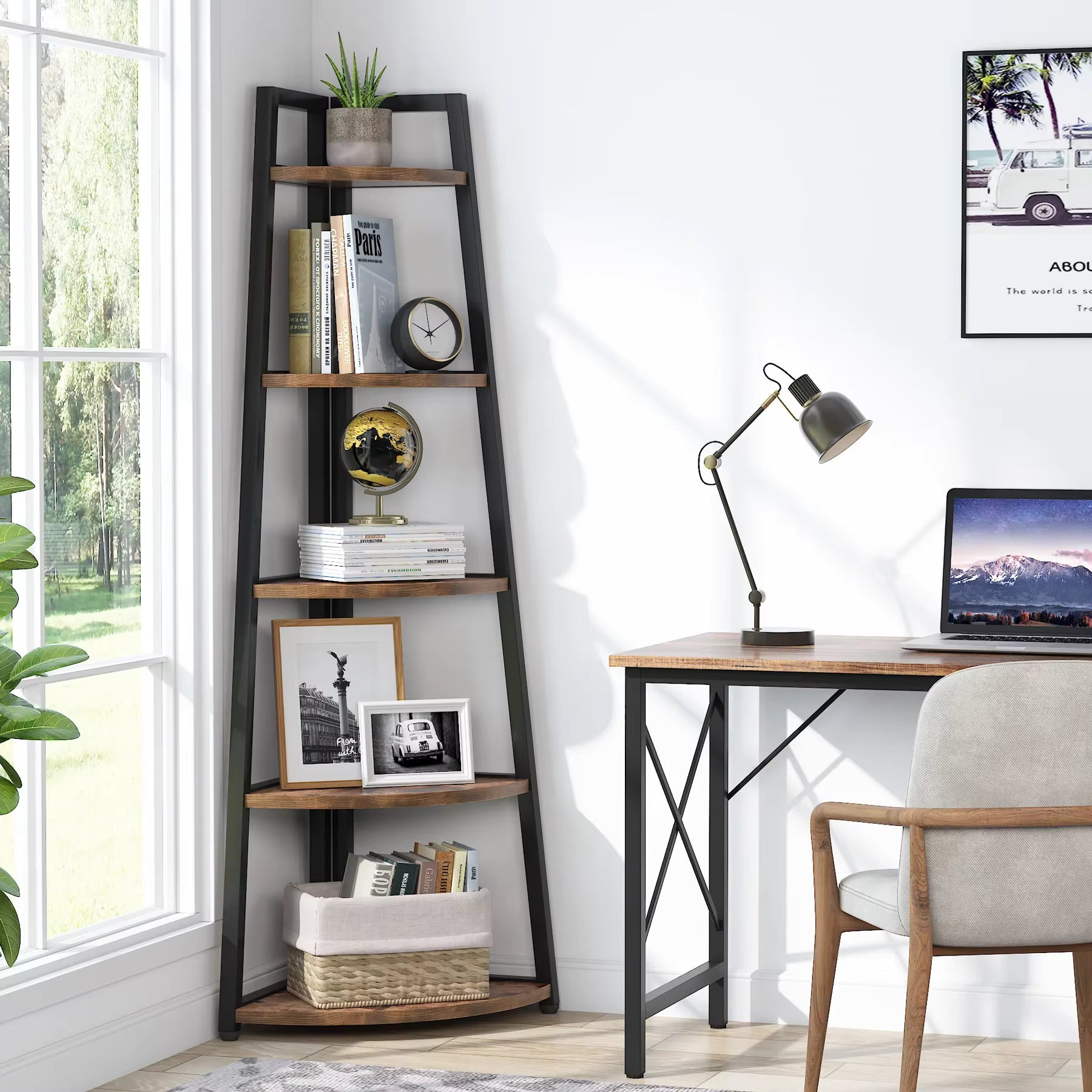 Home office with a ladder shelf, desk, chair, and decor items.