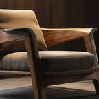 Wooden armchair with brown cushioned seat and backrest against a dark background