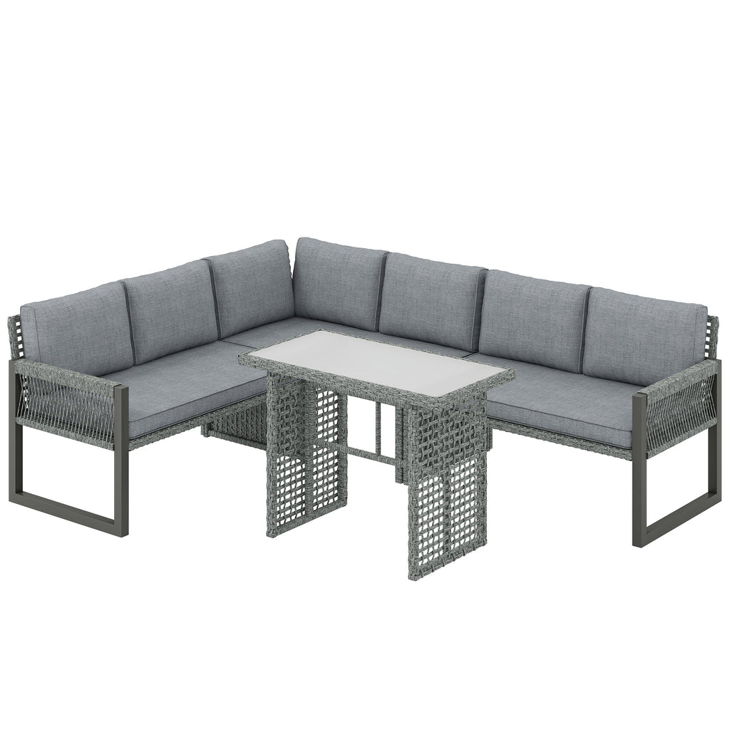 Outsunny 6 Seater Rattan Garden Furniture Set with 3 Loveseats, Table, Patio Rattan Furniture Corner Sofa Set, Grey