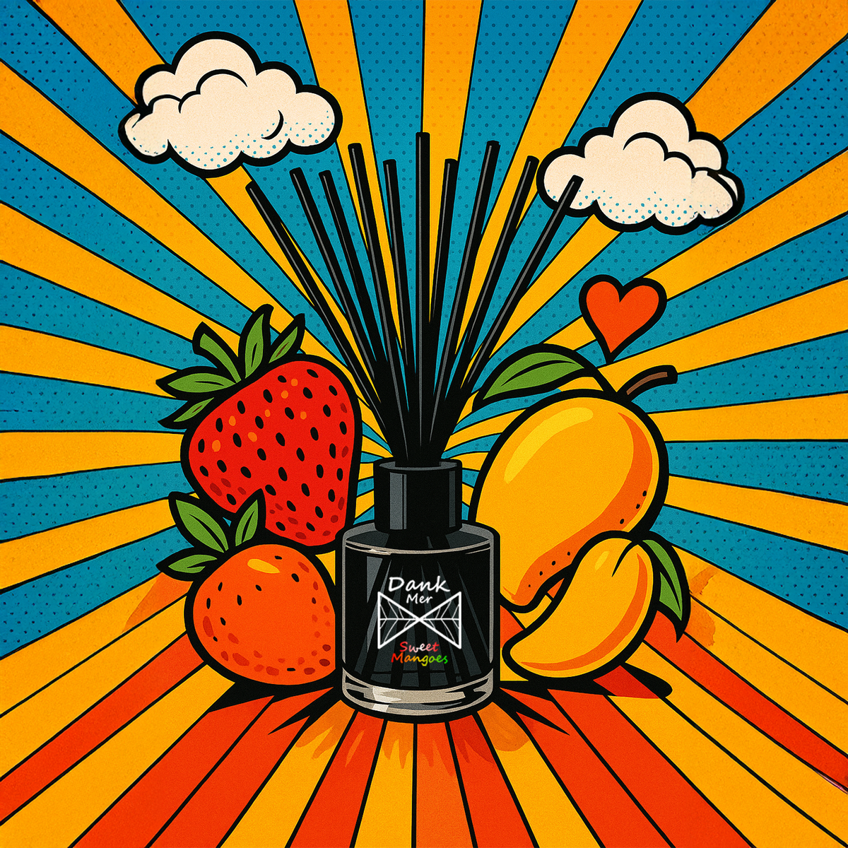Fruity diffuser with strawberries and mangoes on a colorful background