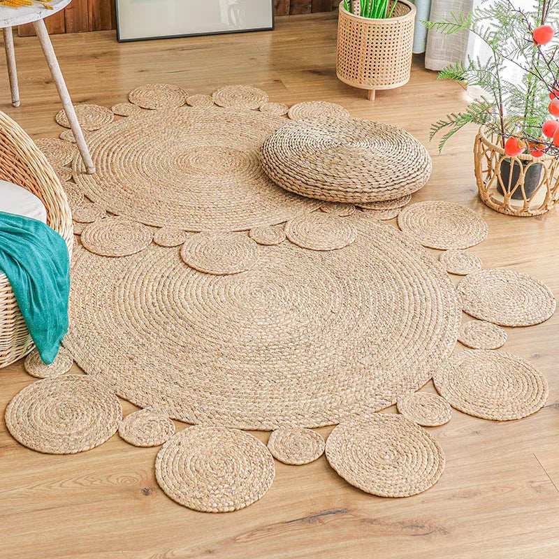 Woven Rugs Carpets for Living Room Bedroom Decor Pure Plants Round Carpets Home Decoration Floor Mats Retro Hollow Design