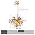 Gold chandelier with dimensions and specifications on a white background