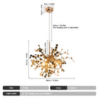 Gold chandelier with dimensions and specifications on a white background