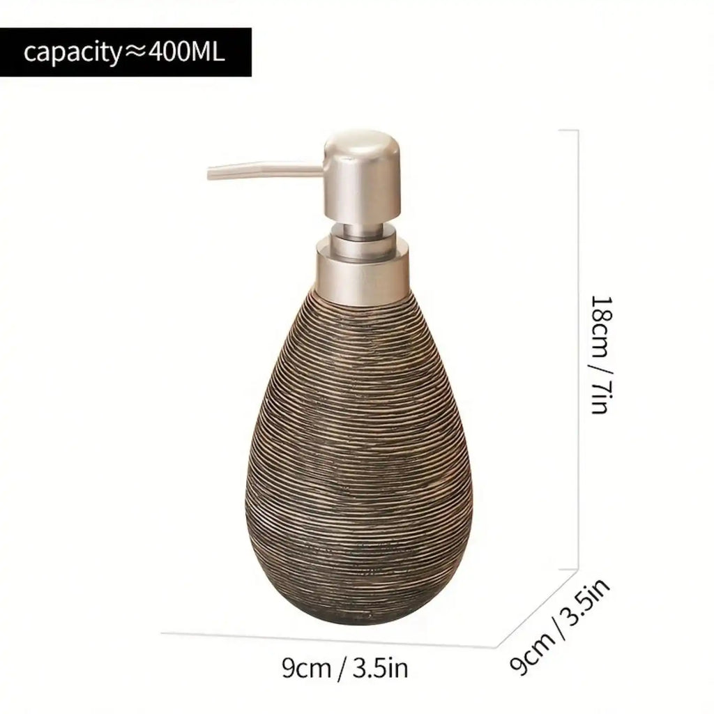 Brown textured soap dispenser with silver pump, dimensions shown on a white background