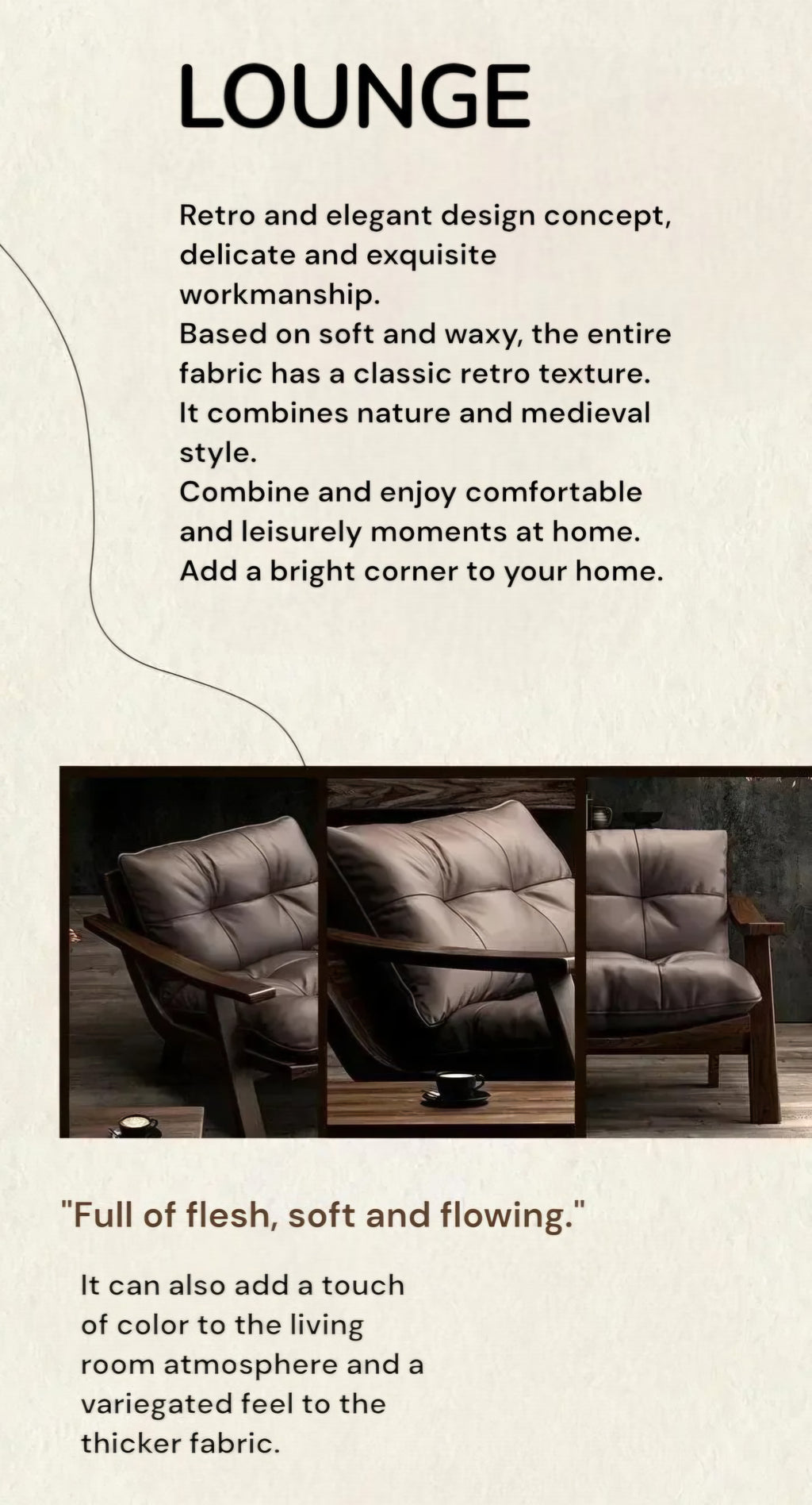 A promotional graphic for a 'LOUNGE' fabric or upholstery option, featuring descriptive text on a warm beige background and a photo of two tufted lounge chairs in a dark brown leather-like material.