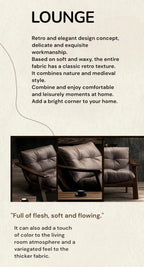 A promotional graphic for a 'LOUNGE' fabric or upholstery option, featuring descriptive text on a warm beige background and a photo of two tufted lounge chairs in a dark brown leather-like material.