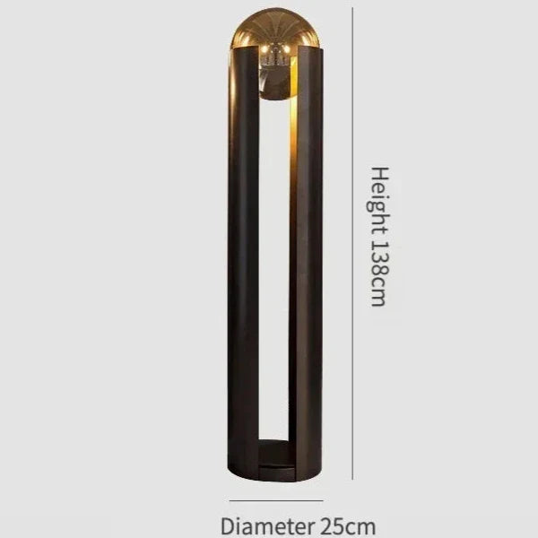 Tall cylindrical outdoor light fixture with dimensions on a gray background