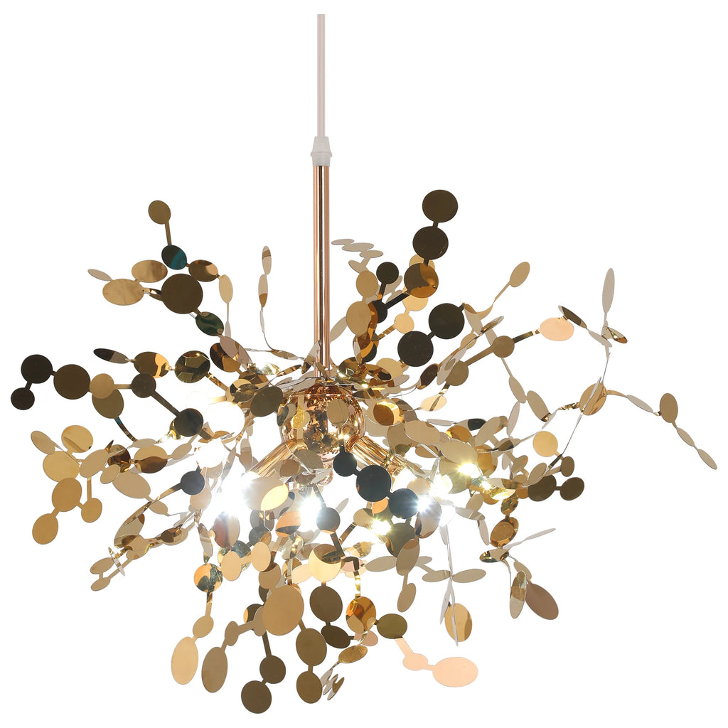 Decorative chandelier with metallic leaves on a white background