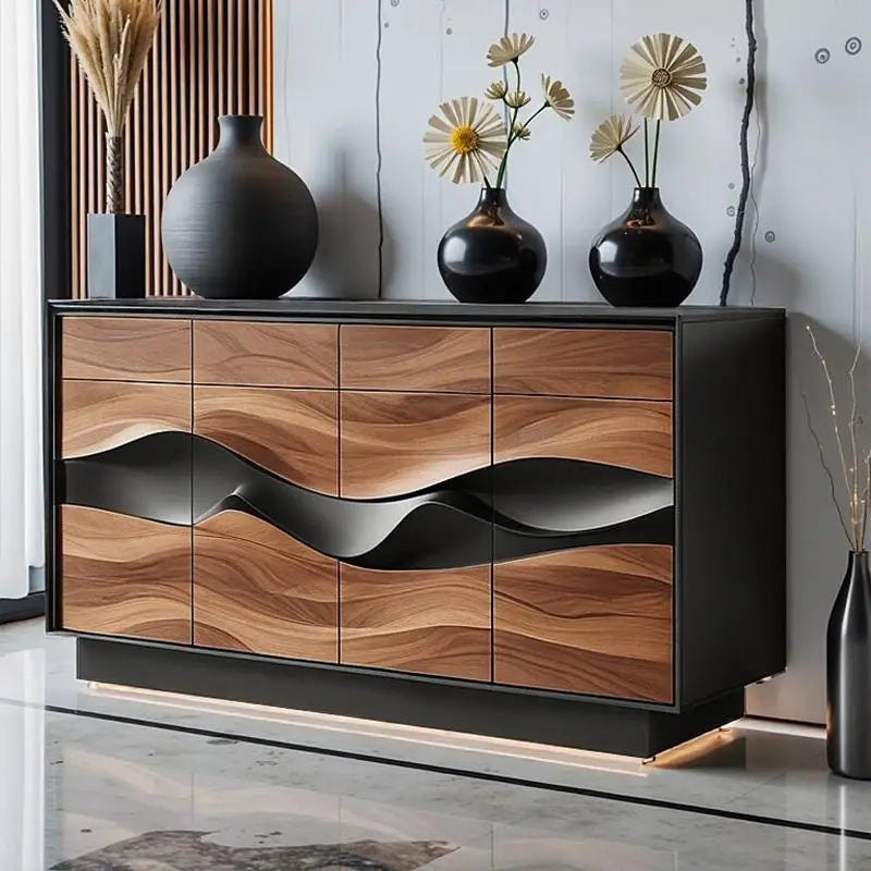 Modern wooden dresser with wavy design in a room setting