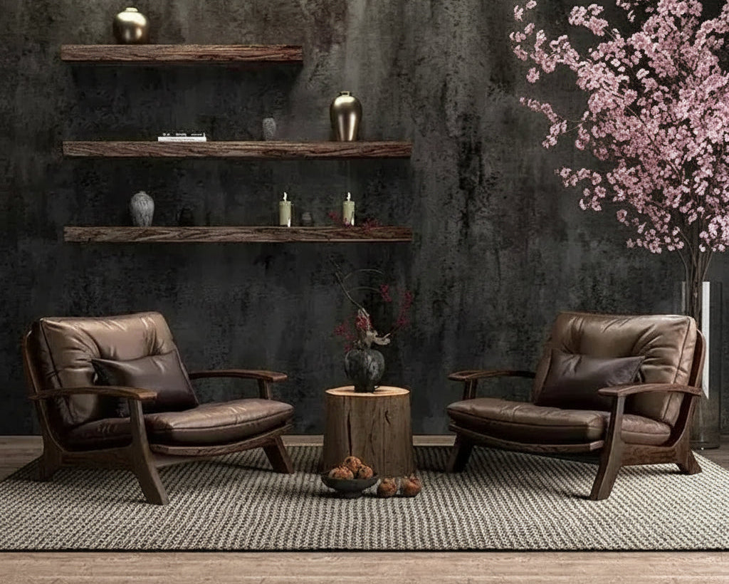 Modern interior design with leather chairs, wooden shelves, and a textured wall.