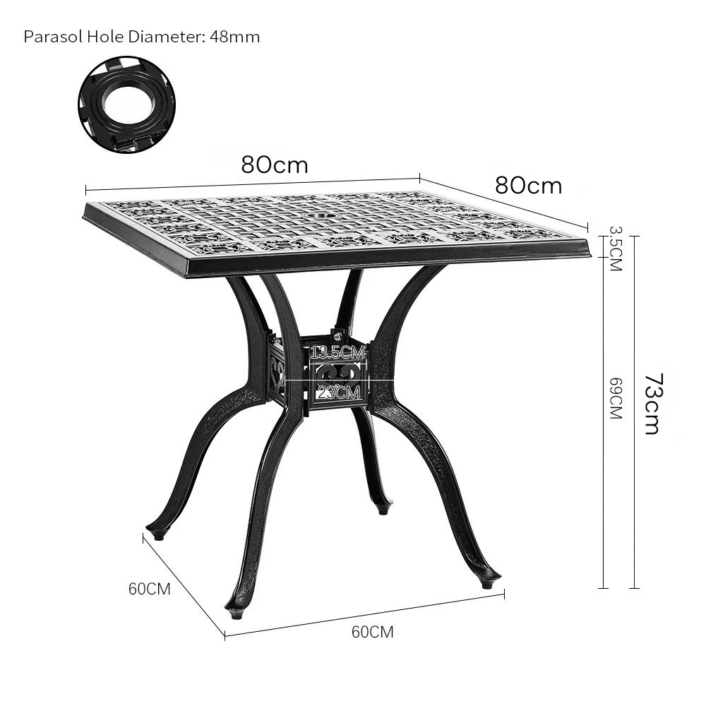 Dimensions of a square outdoor table with parasol hole diameter label