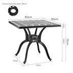Dimensions of a square outdoor table with parasol hole diameter label