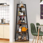 Tall wooden shelf with kitchen items in a modern kitchen setting