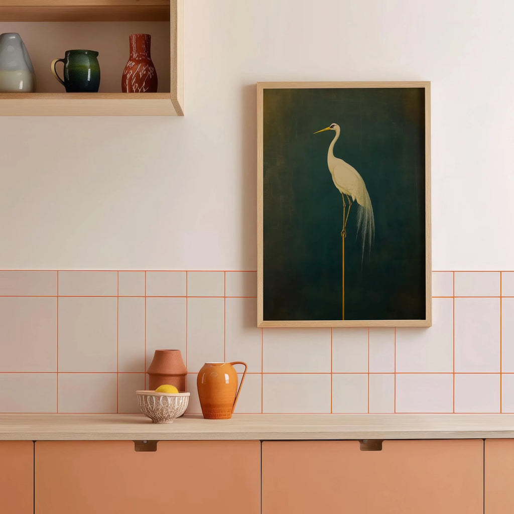 Japanese Crane Canvas Print – Elegant Green & White Bird Wall Art