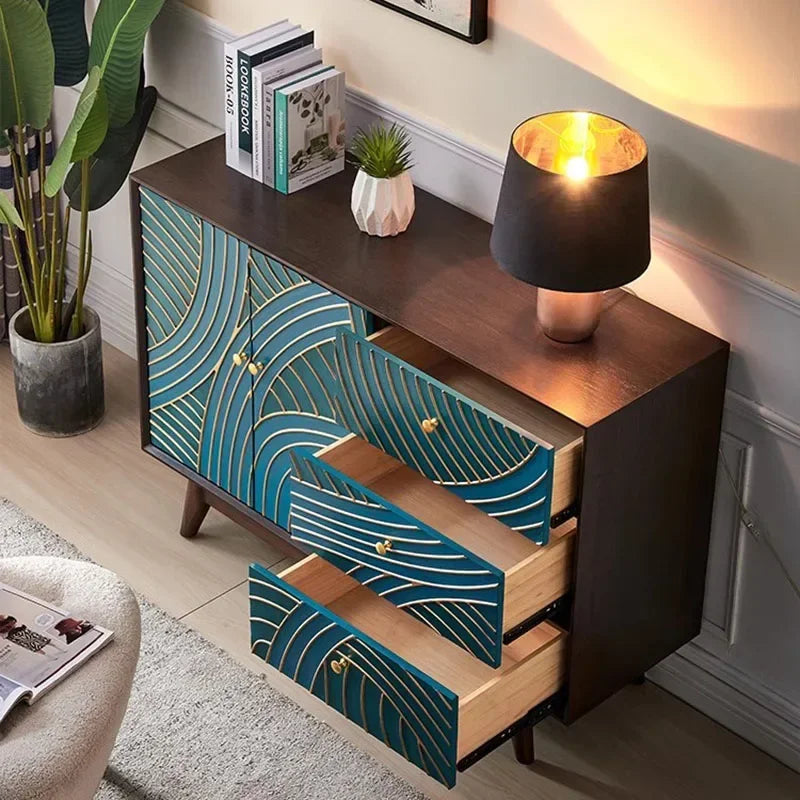 Wooden sideboard with decorative drawers in a living room setting