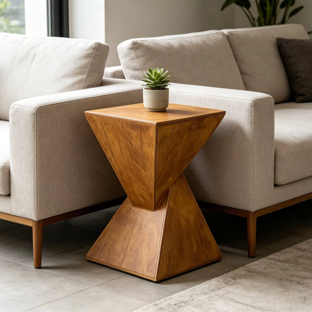 Concrete side table with a plant in a living room setting