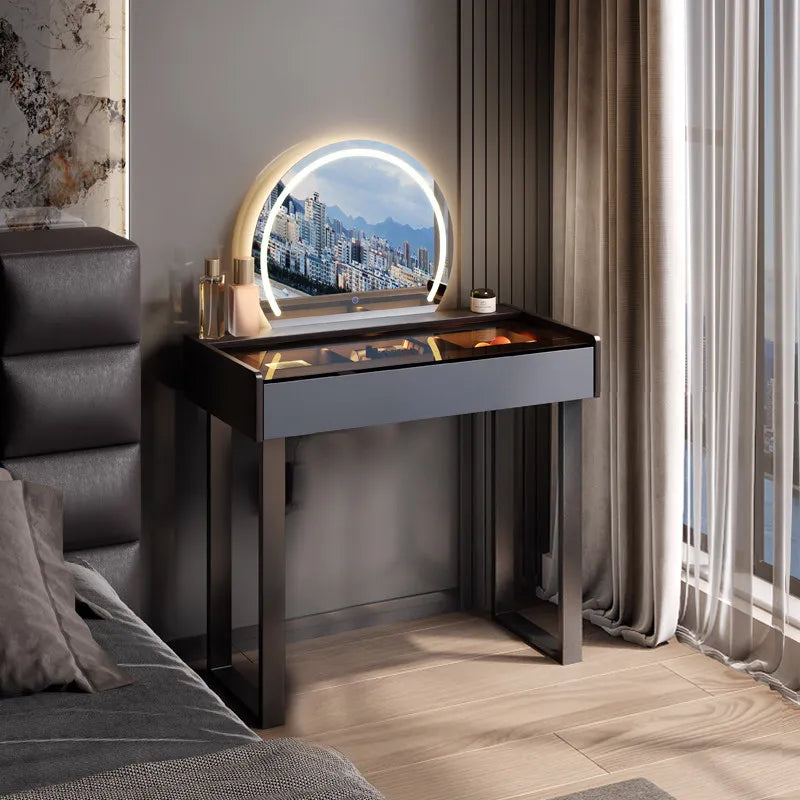 Nordic Glass Top Makeup Vanity Table – Minimalist Dressing Table with Storage Drawers