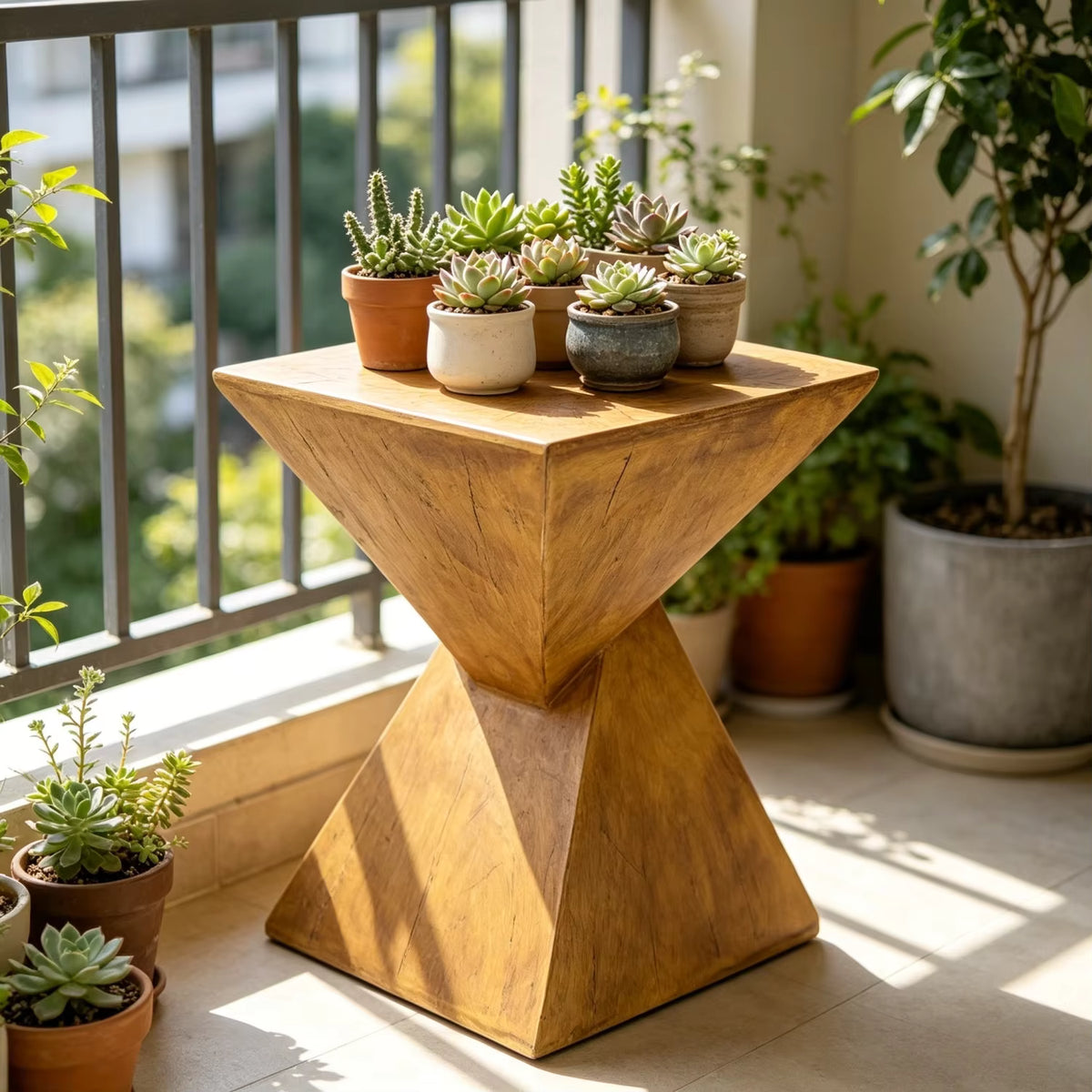 Concrete geometric table with potted plants on a balcony