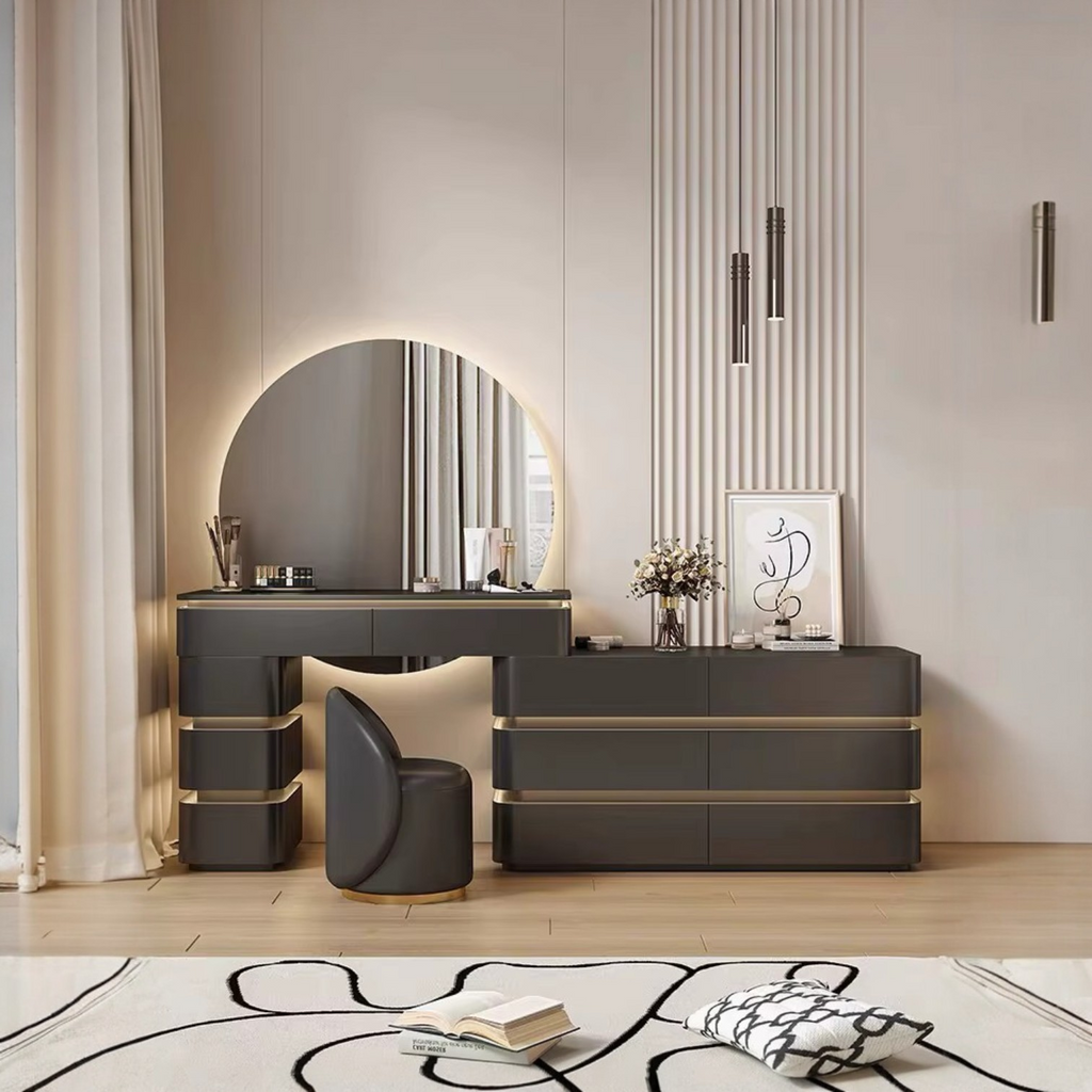 Modern bedroom setup with a dresser, mirror, and chair.