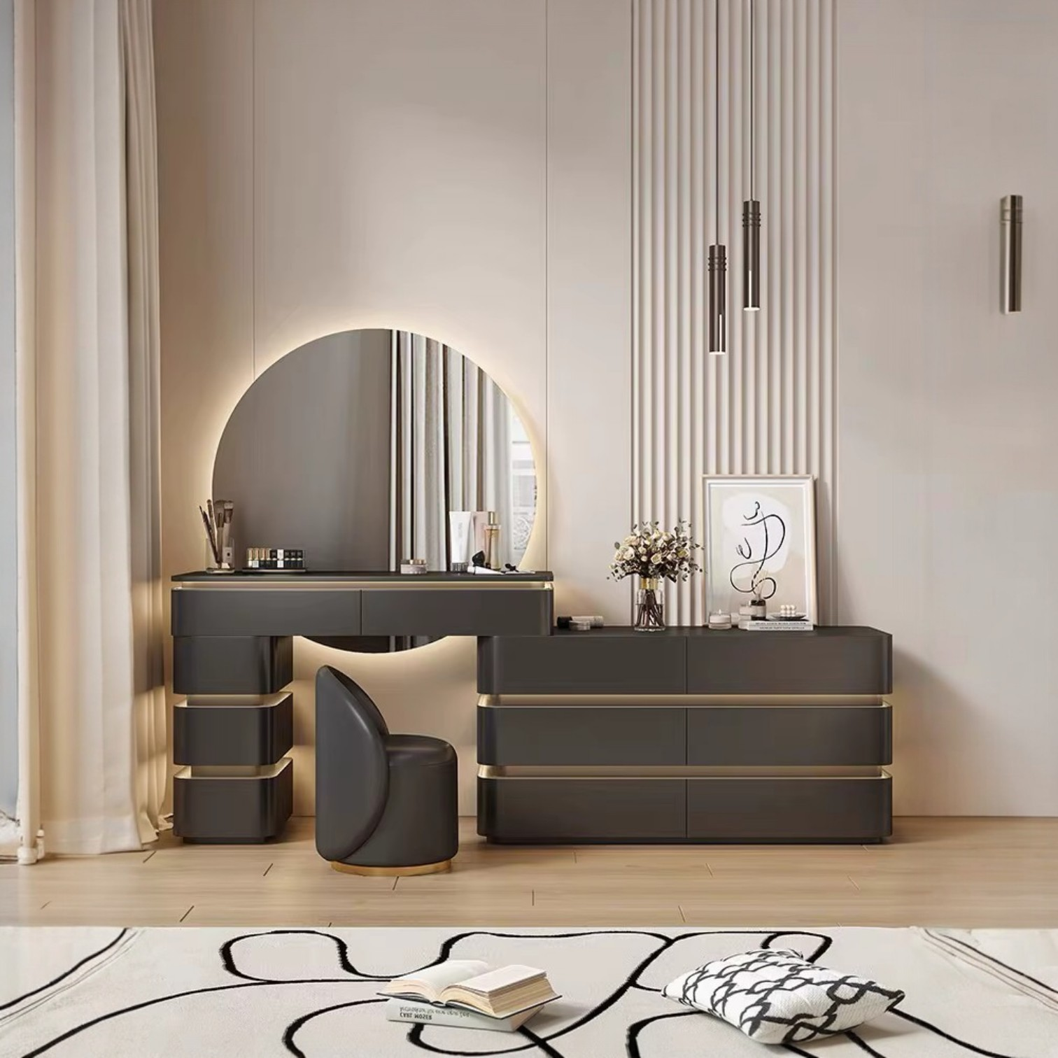 Modern bedroom setup with a dresser, mirror, and chair.