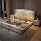 Modern bed with storage compartments in a bedroom setting