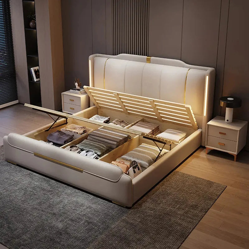 Modern bed with storage compartments in a bedroom setting