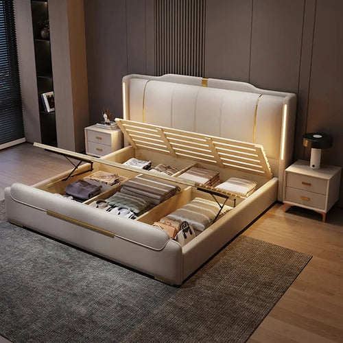 Modern bed with storage compartments in a bedroom setting