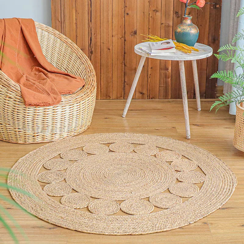 Woven Rugs Carpets for Living Room Bedroom Decor Pure Plants Round Carpets Home Decoration Floor Mats Retro Hollow Design